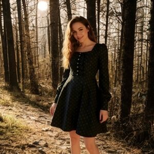 Punk Rave ✦ Warning Series Embroidered Mini Dress ✦ Black Floral Puff Sleeve XS